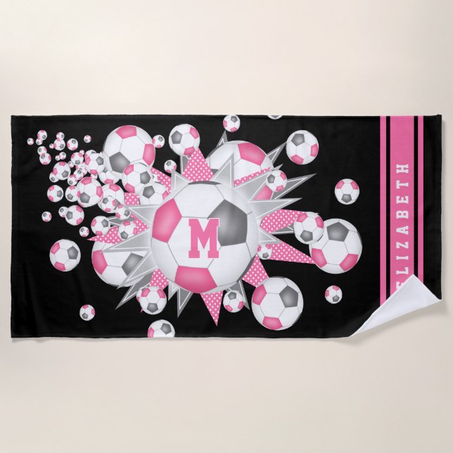 Pink gray soccer ball blowout girls custom name beach towel (Front)