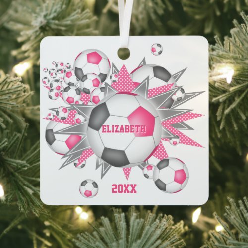 pink gray soccer ball blowout girls sports metal ornament