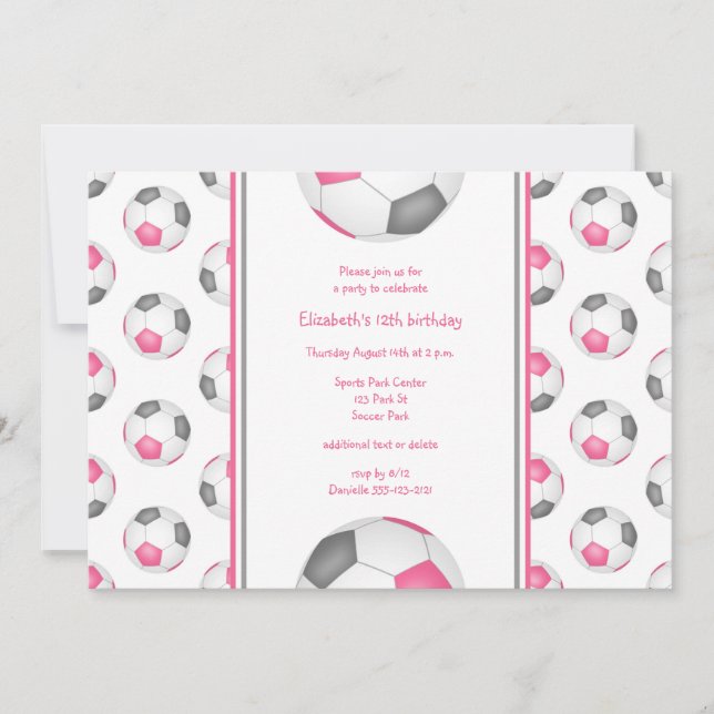 pink gray soccer balls pattern birthday party invitation (Front)