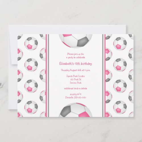 pink gray soccer balls pattern birthday party invitation