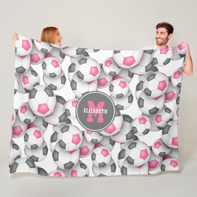 pink gray soccer balls pattern monogrammed fleece blanket (In Situ)