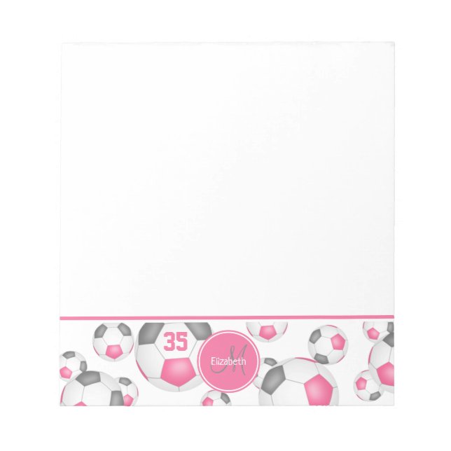 pink gray soccer balls sports accent monogrammed notepad (Front)