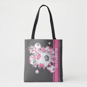 Pink gray soccer balls stars girls name tote bag