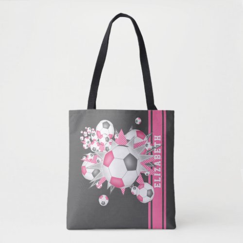 Pink gray soccer balls stars girls name  tote bag
