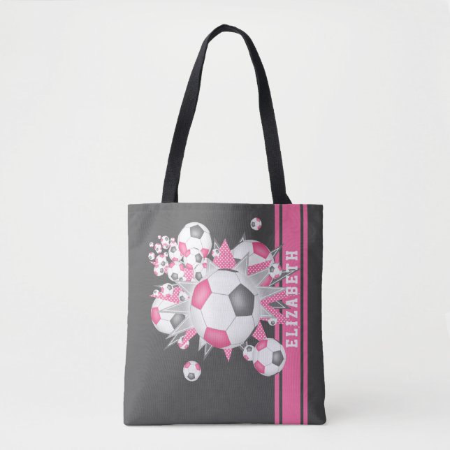 Pink gray soccer balls stars girls name  tote bag (Front)