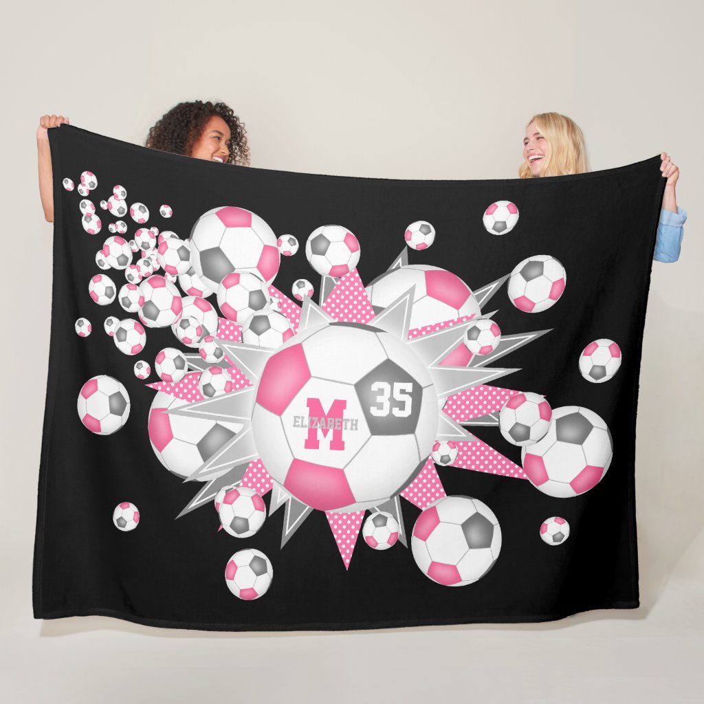 pink gray soccer balls stars girls sports room fleece blanket