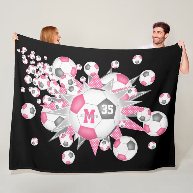 pink gray soccer balls stars girls sports room fleece blanket (In Situ)