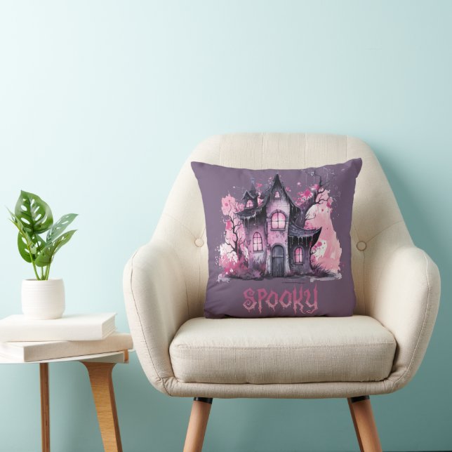 Pink & Gray Spooky Haunted House Purple Halloween Throw Pillow (Chair)
