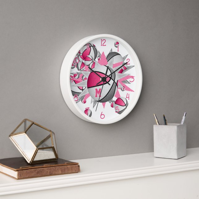 pink gray sports room decor basketballs stars clock (Office)