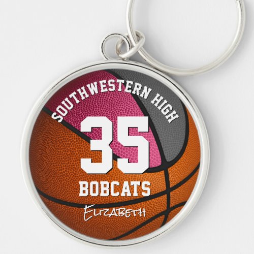 pink gray sports team name girls basketball keychain