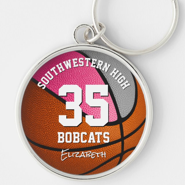 pink gray sports team name girls basketball keychain (Front)
