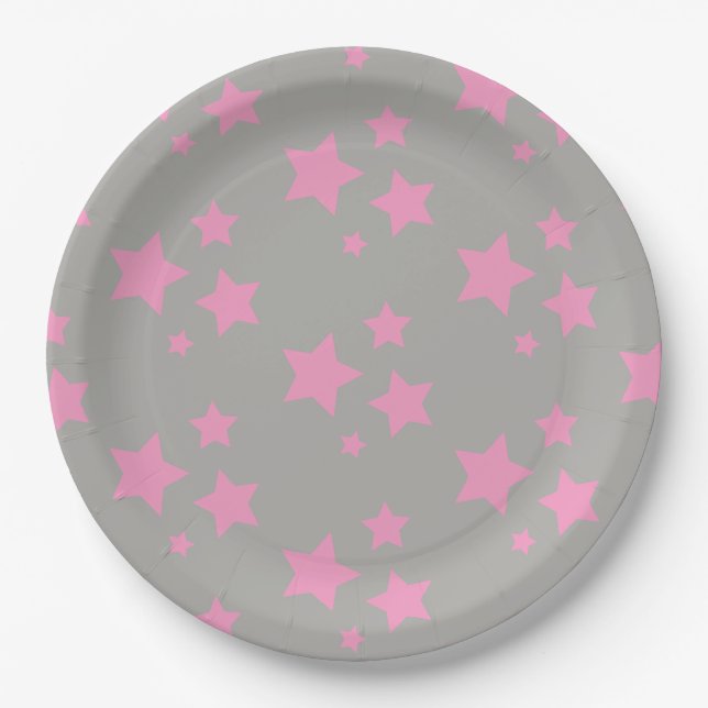 Pink Gray Stars Kids Baby Circus Party Paper Plates (Front)