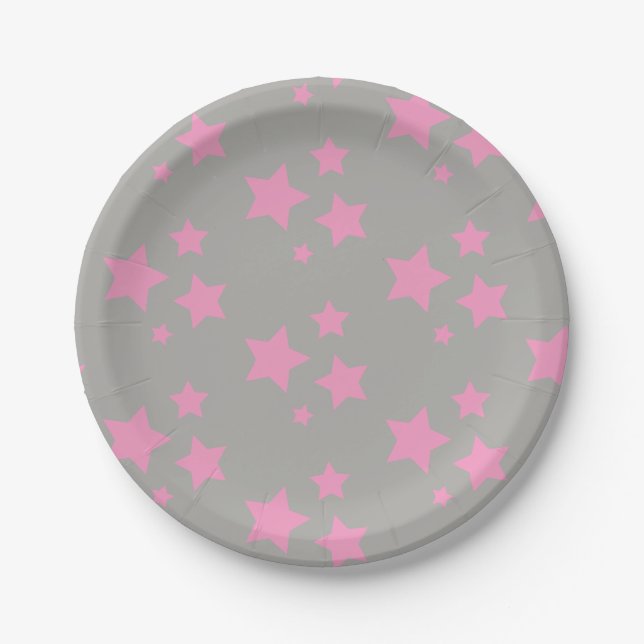 Pink Gray Stars Kids Baby Circus Party Paper Plates (Front)