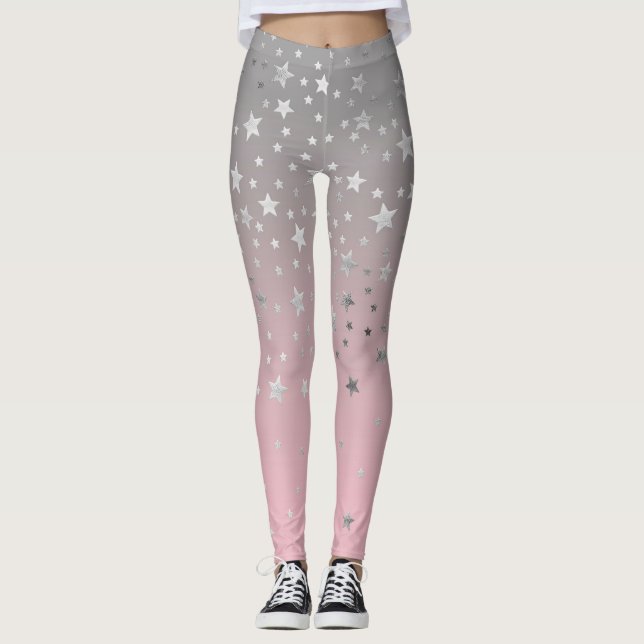 Pink Gray Stars Ombre Stylish Chic Modern Trendy  Leggings (Front)