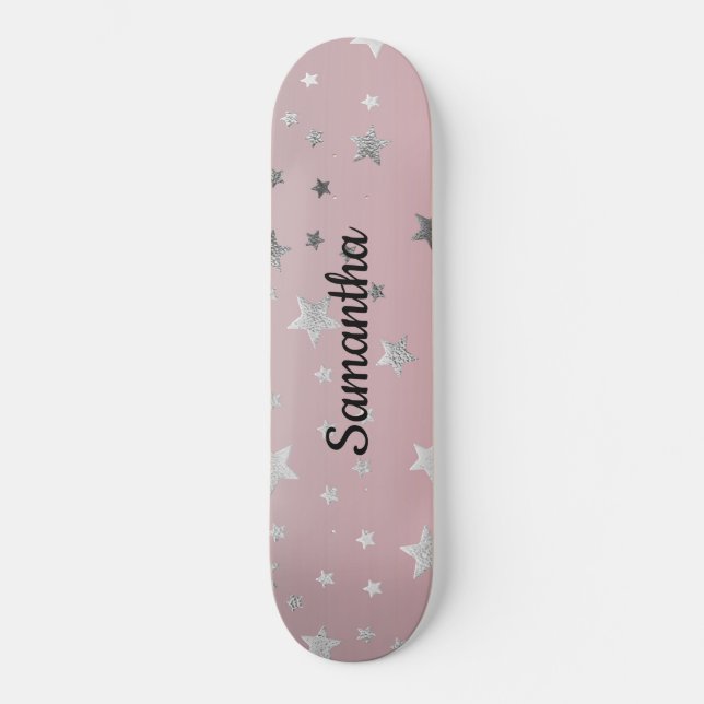 Pink Gray Stars Ombre Stylish Chic Modern Trendy Skateboard (Front)
