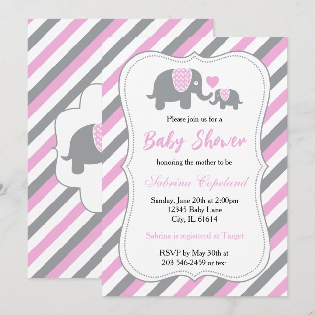 Pink & Gray Stripes Baby Elephant | Baby Shower Invitation (Front/Back)