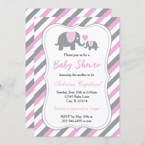 Pink  Gray Stripes Baby Elephant  Baby Shower Invitation