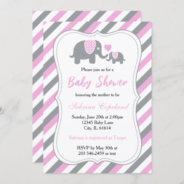 Pink & Gray Stripes Baby Elephant | Baby Shower Invitation (Front/Back)
