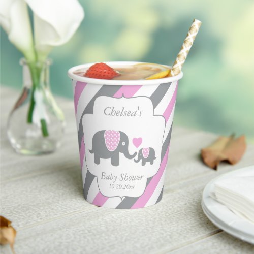 Pink  Gray Stripes Baby Elephant  Baby Shower  Paper Cups