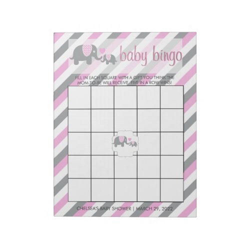 Pink  Gray Stripes Baby Elephant  Bingo Notepad