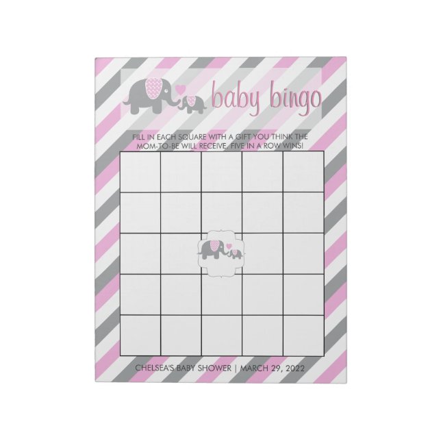 Pink & Gray Stripes Baby Elephant | Bingo Notepad (Rotated)