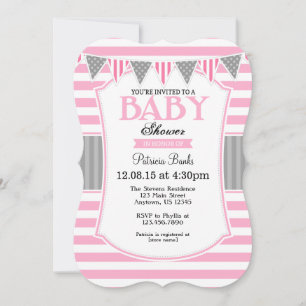 Pink Gray Stripes Baby Shower Invitation