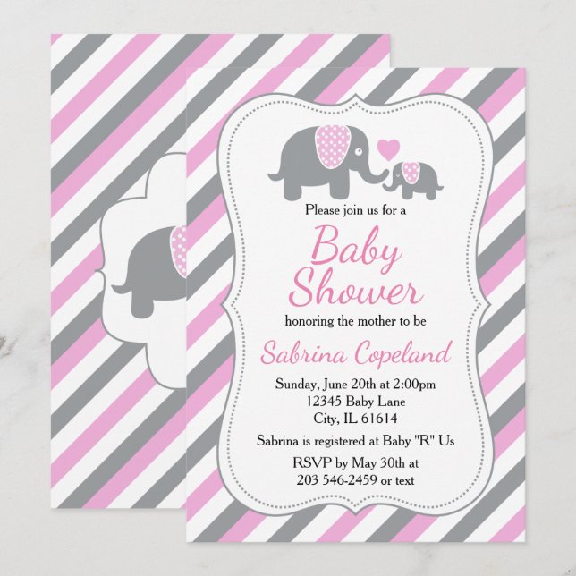 Pink & Gray Stripes Elephant | Baby Shower Invitation (Front/Back)