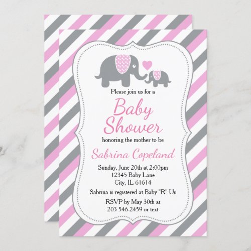 Pink  Gray Stripes Elephant  Baby Shower Invitation