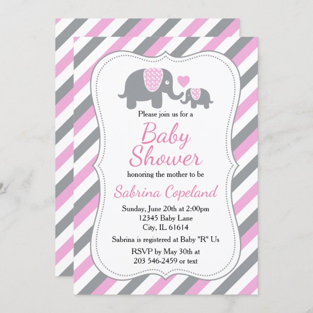 Pink & Gray Stripes Elephant | Baby Shower Invitation (Front/Back)