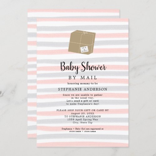 Pink Gray Stripes Girl Baby Shower by mail Invitation