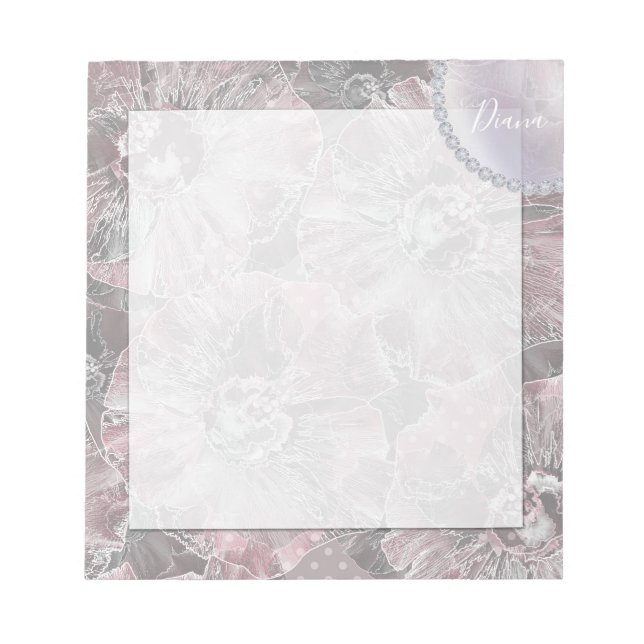 Pink gray stylish large flowers notepad (Front)