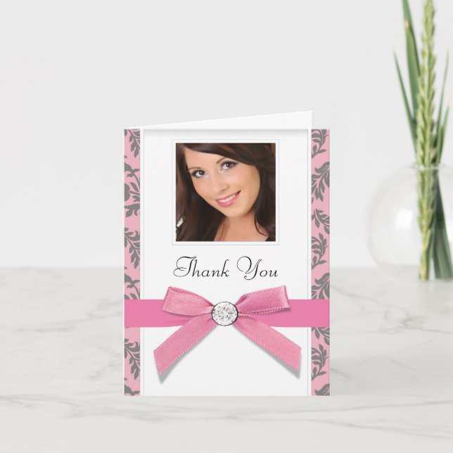 Pink Gray Swirl Damask Photo Thank You Cards (Front)