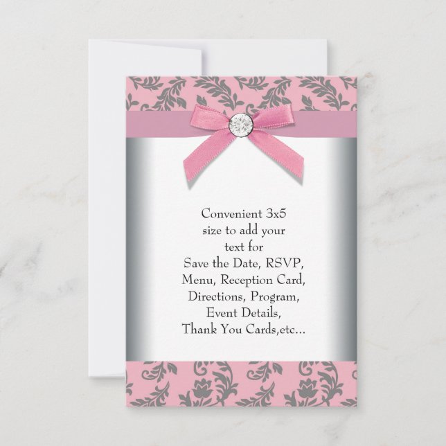 Pink Gray Swirl Damask RSVP (Front)