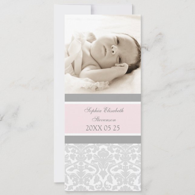 Pink Gray Template New Baby Birth Announcement (Front)