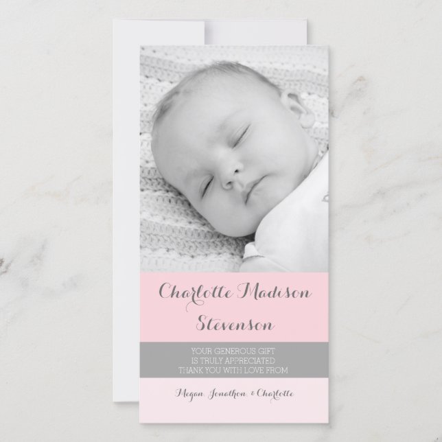Pink Gray Thank You Baby Shower Photo Cards (Front)