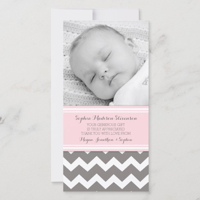 Pink Gray Thank You Baby Shower Photo Cards (Front)