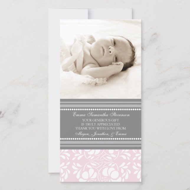 Pink Gray Thank You Baby Shower Photo Cards (Front)
