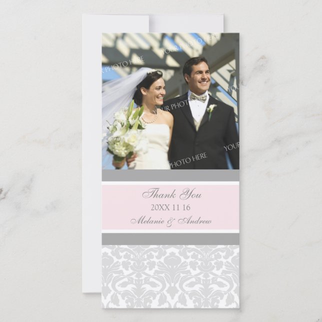 Pink Gray Thank You Wedding Photo Cards (Front)