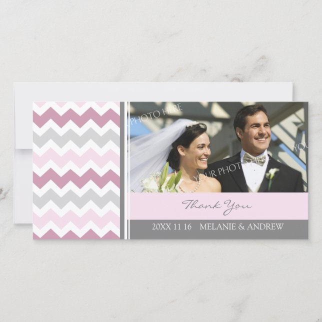 Pink Gray Thank You Wedding Photo Cards (Front)