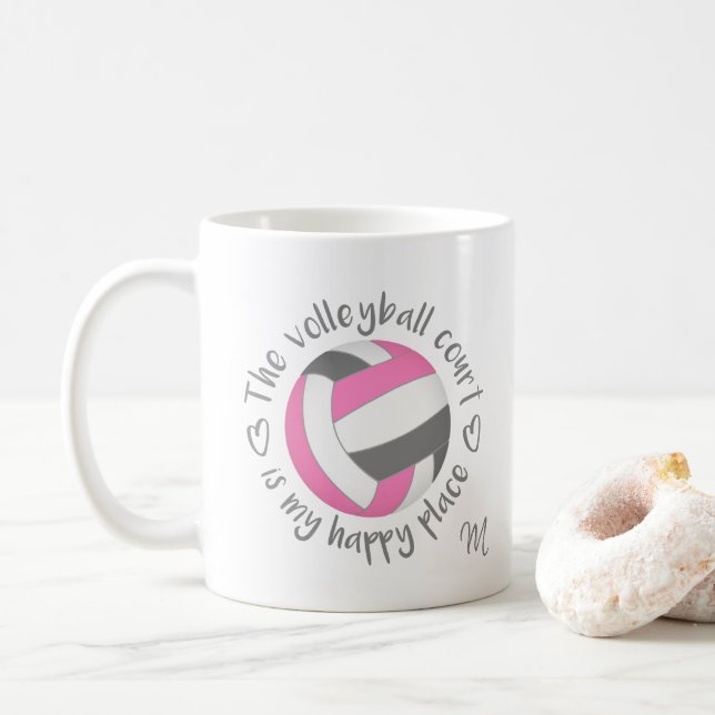 pink gray The volleyball court is my happy place Coffee Mug (With Donut)