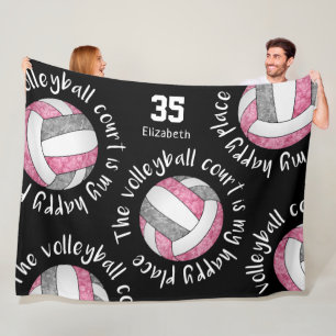 pink gray the volleyball court is my happy place fleece blanket