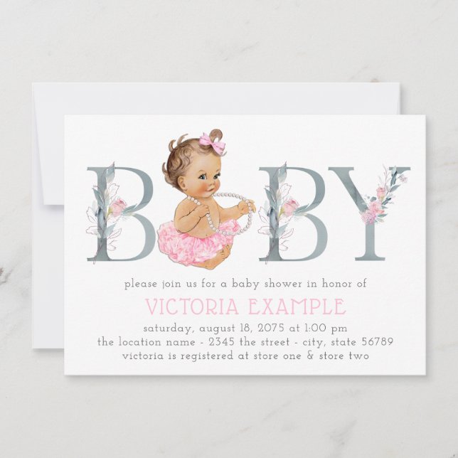 Pink Gray Tutu Pearl Baby Girl Shower Invitations (Front)