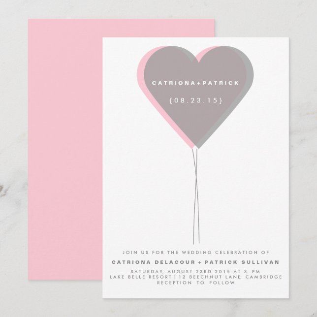 Pink & Gray Twin Hearts Balloon Wedding Invitation (Front/Back)