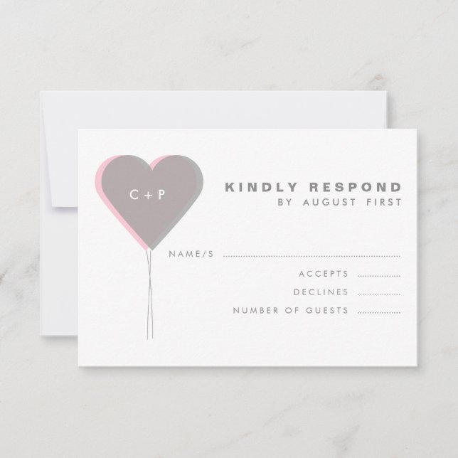 Pink & Gray Twin Hearts Balloons RSVP Card (Front)