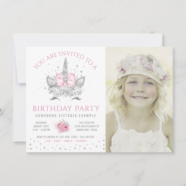 Pink Gray Unicorn Face Photo Birthday Party Invitation (Front)