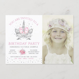 Pink Gray Unicorn Face Photo Birthday Party Invitation