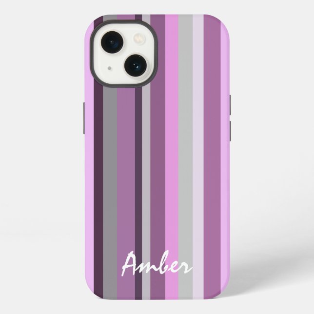Pink Gray Vertical Striped Personalized Iphone Case (Back)