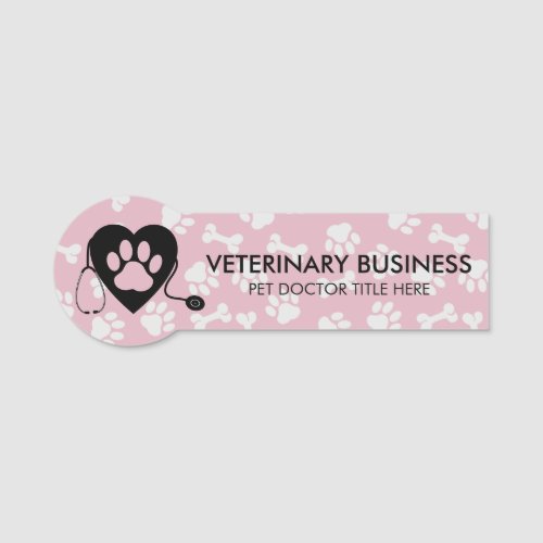 Pink Gray Veterinarian Paw Heart Stethescope Pet Name Tag