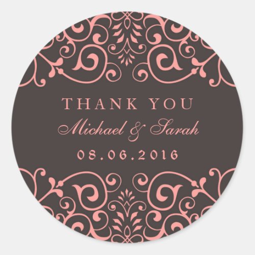 Pink Gray Victorian Floral Thank You Sticker
