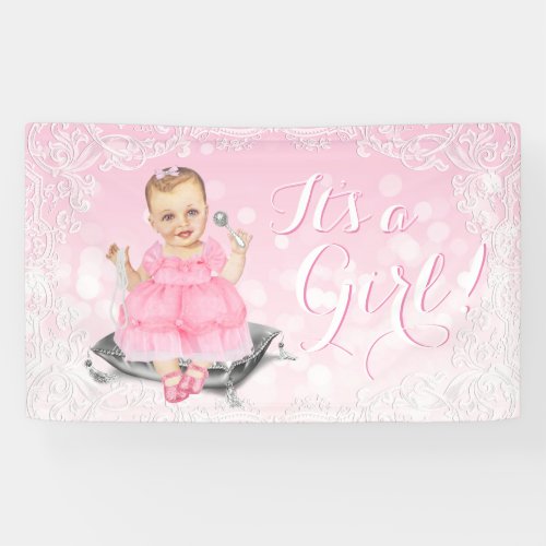 Pink Gray Vintage Baby Girl Baby Shower Banner